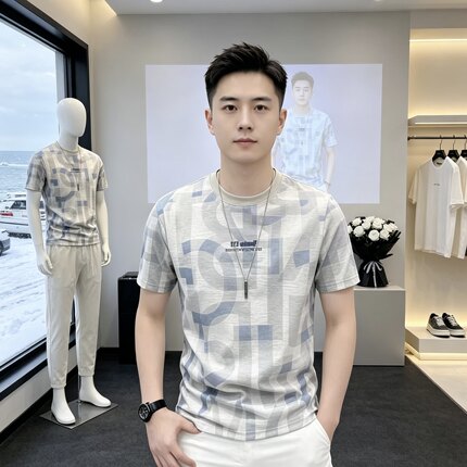 1171帅气大佬夏季新款男士圆领短袖T恤潮流时尚百搭轻奢休闲上衣