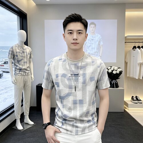 1171帅气大佬夏季新款男士圆领短袖T恤潮流时尚百搭轻奢休闲上衣