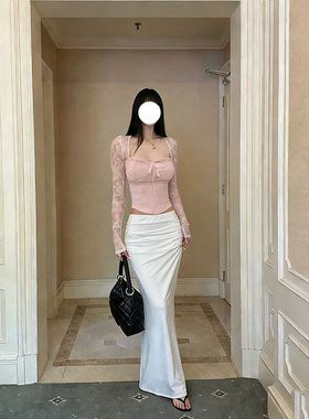 1178气质粉色方领长袖T恤女冬季新款修身显瘦内搭外穿拼接上衣服