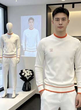 1390羊毛衫潮牌毛衣男男士秋冬圆领长袖刺绣修身时尚百搭男士毛衣