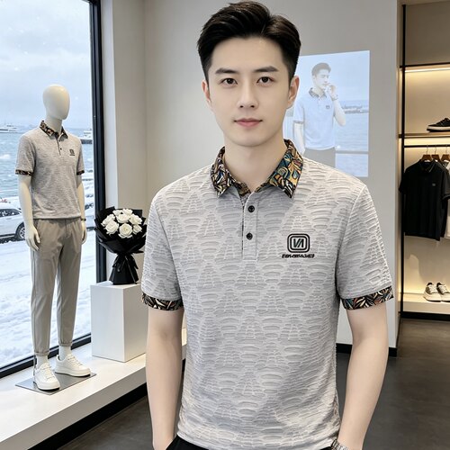 1225高档轻奢冰丝polo衫男式冰丝设计感潮牌翻领t恤男短袖夏装男