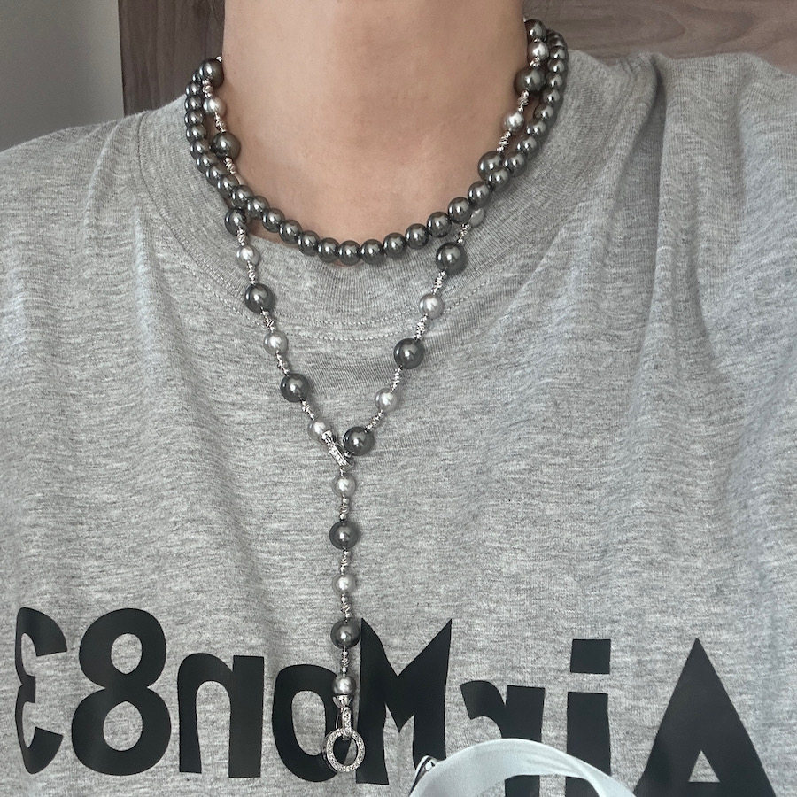 Siaon 真多麻银灰色大溪地混珠仿施家珍珠女项链锆石双扣头毛衣链