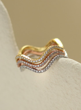 Siaon 原创设计碎钻波浪形玫瑰金K金S925纯银三色锆石戒指高级感