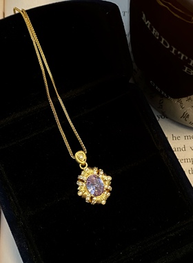 Siaon 紫荆花S925纯银镀金镶紫色锆石项链复古轻奢耳环戒指套装女