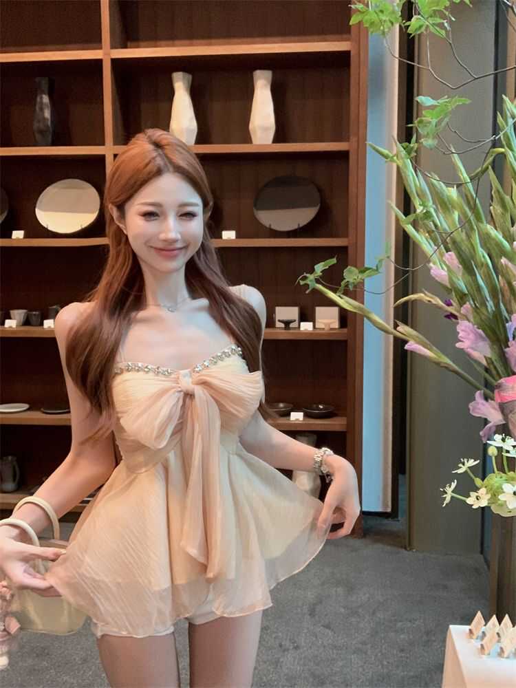 重工水钻吊带背心女夏季法式小众蝴蝶结收腰独特别致绝美上衣外穿