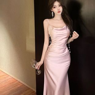 法式 高级感缎面甜美吊带连衣裙女2025名媛气质收腰显瘦超仙长裙女
