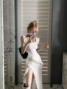 纯欲荷叶边拼接连衣裙女装夏季设计感开叉包臀裙露肩长裙