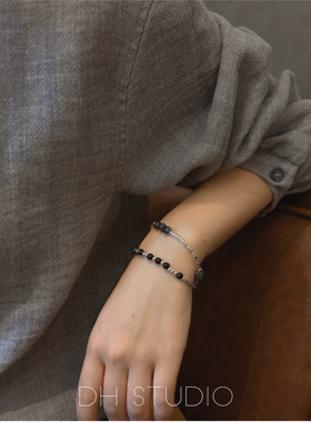 DH纯银黑发晶双圈竹节弯管纯银手链女简约品质百搭推荐