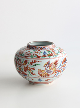 日本清水烧作家手工赤绘金彩花鸟纹瓷圆罐花瓶插花器日式家居摆件