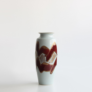 日本进口清水烧作家手工金彩辰砂釉青白瓷花瓶家居装饰插花器摆件