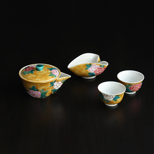 日本进口九谷烧作家手绘牡丹宝瓶附一公道两小杯日式瓷茶具组套装