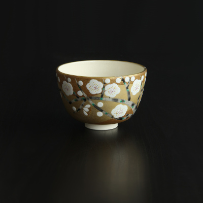 日本进口清水烧作家手工描金白梅花抹茶碗陶钵日式茶道具个性饭碗