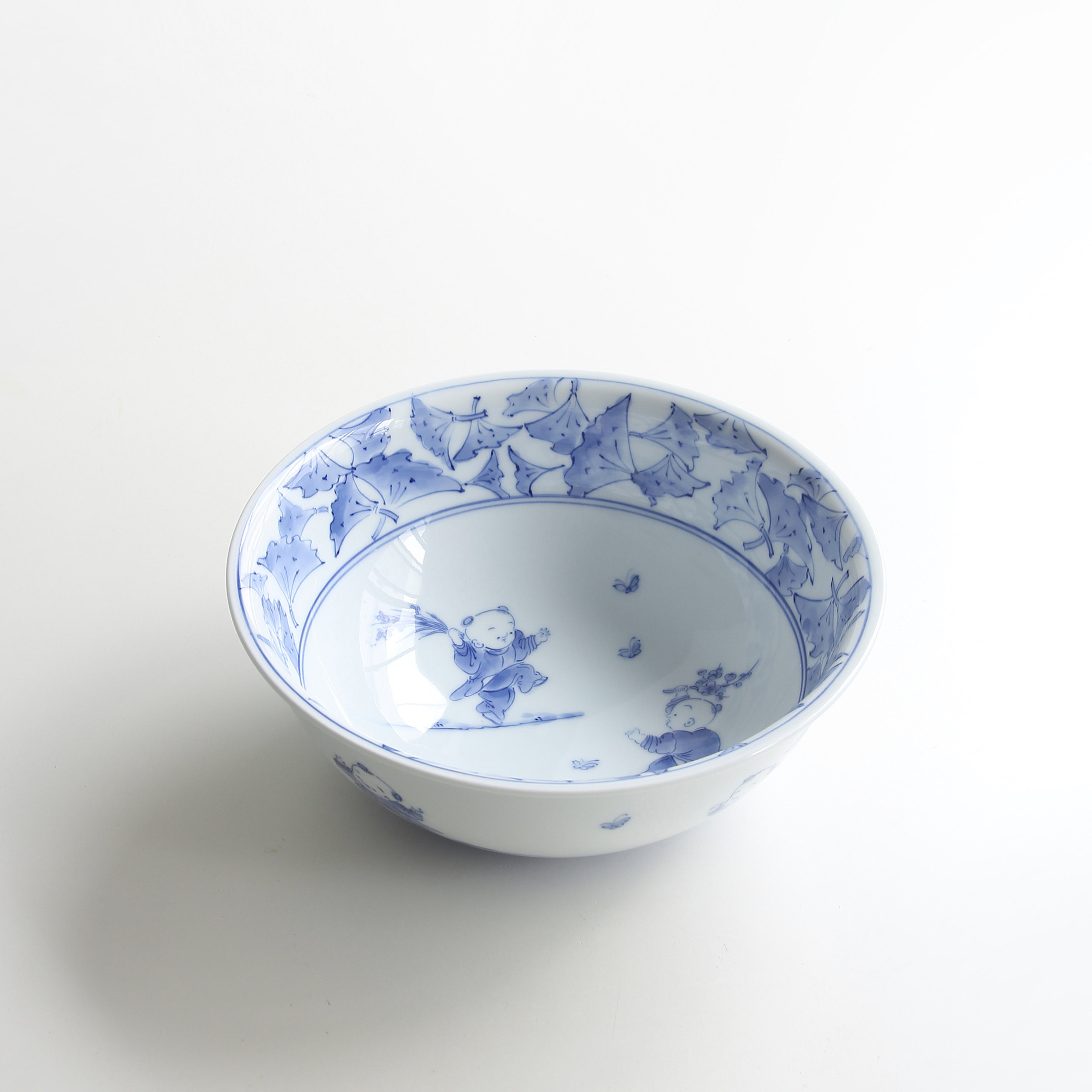 日本进口三川内烧名窑手绘青花唐子纹22厘米大瓷碗钵深盘家用果盆