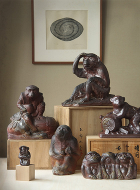 日本备前烧柴窑粗陶生肖猴摆件
