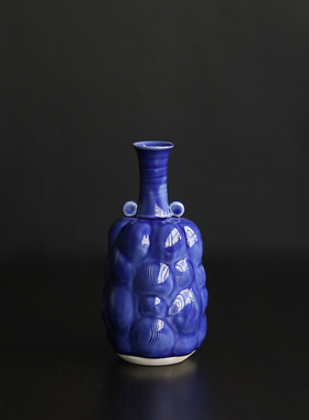 日本进口美浓烧名家手作琉璃蓝釉小口陶花瓶家居空间装饰花器摆件