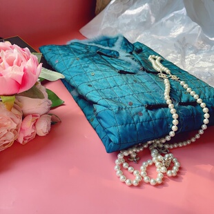 超薄中式棉袄骡子毛镶嵌覆纱女长袖外套唐装民族风定位高级孔雀蓝