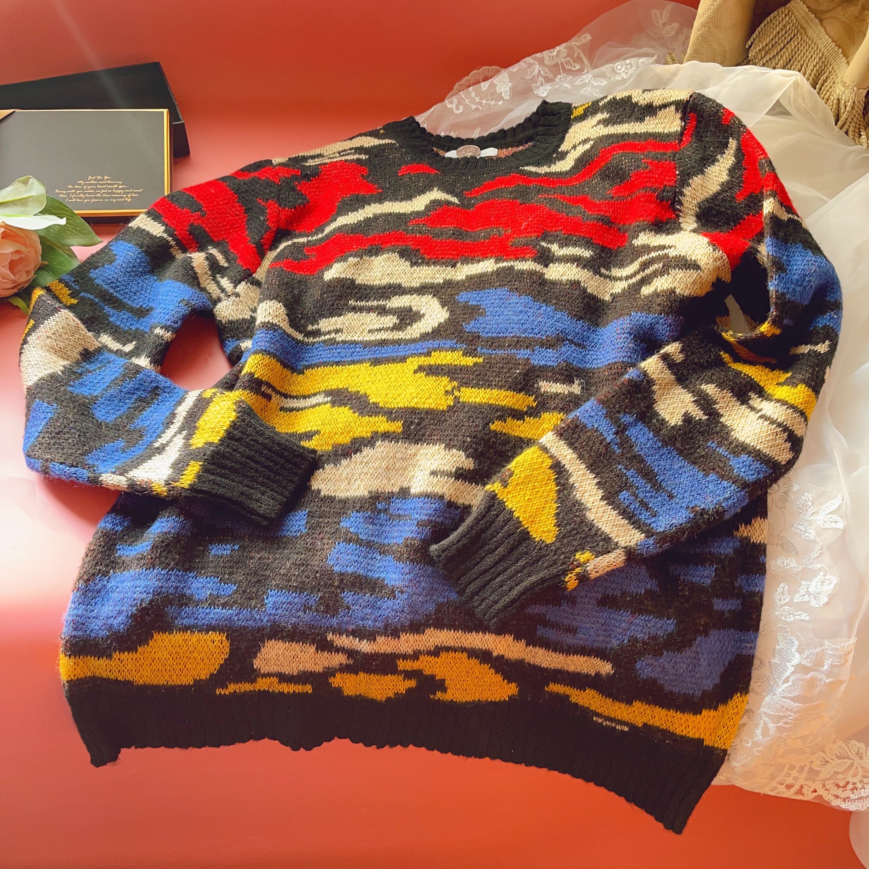 出口原单抽象提花马海毛男毛衣套头圆领宽松慵懒风针织衫保暖