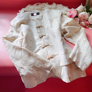 只卖50元 瑕疵特卖中国风手工盘扣亚麻刺绣绣花春秋外套 清爽典雅