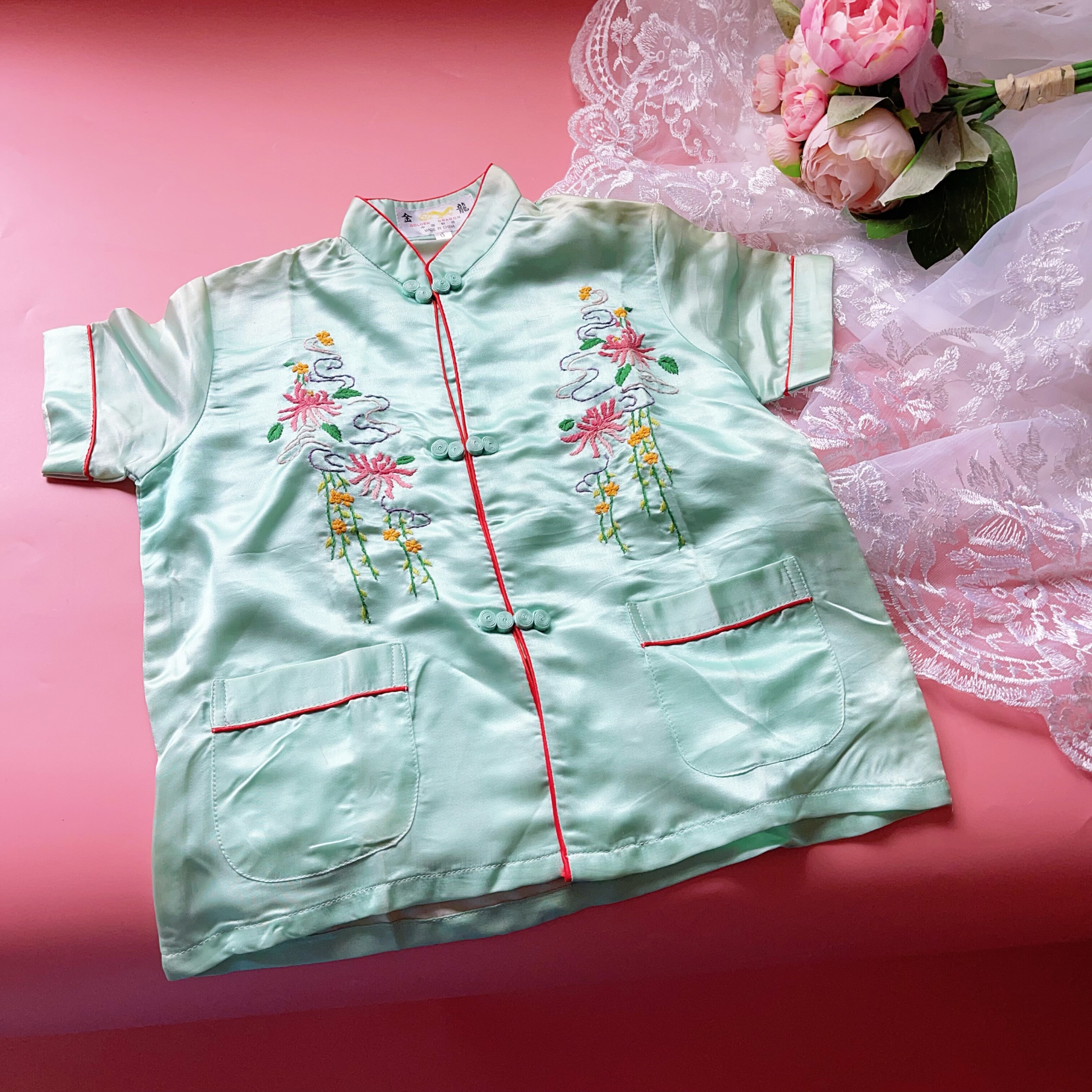 瑕疵特卖 儿童真丝纯手工绣花短袖唐装上衣中国风民族服装 嫩果绿
