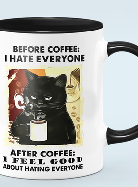 Cat Drink Coffee Know Things黑猫杯子陶瓷马克杯猫喝咖啡杯水杯