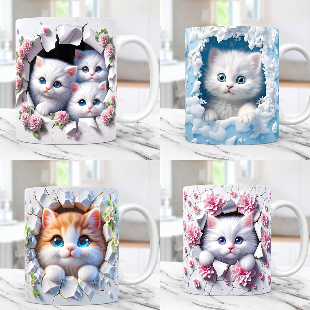可爱猫咪图案陶瓷马克杯女生办公室 猫猫爱好者生日礼物咖啡水杯