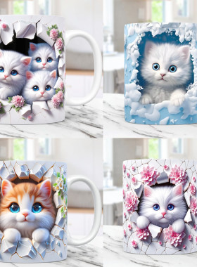 可爱猫咪图案陶瓷马克杯女生办公室 猫猫爱好者生日礼物咖啡水杯