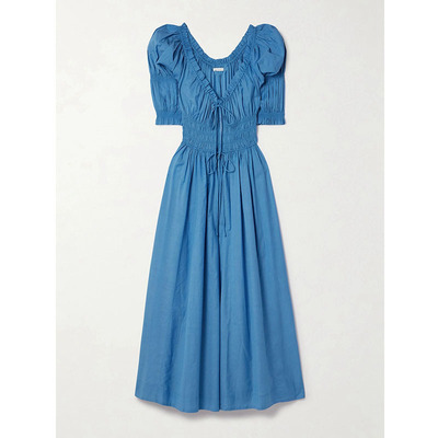 【售罄】定制Doen ischia抽褶棉混纺薄纱蓝色中长连衣裙