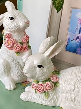 陶瓷玫瑰情侣白兔新婚乔迁礼物