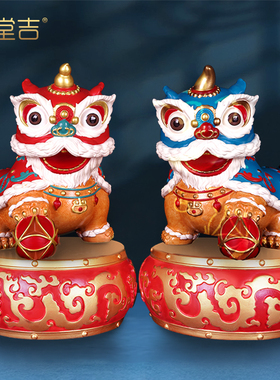 全黄铜醒狮舞狮摆件一对国潮礼物