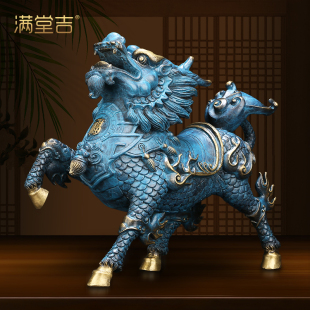 饰礼品 铜麒麟摆件一对纯黄铜公母招财客厅店铺开业装 风火麒麟