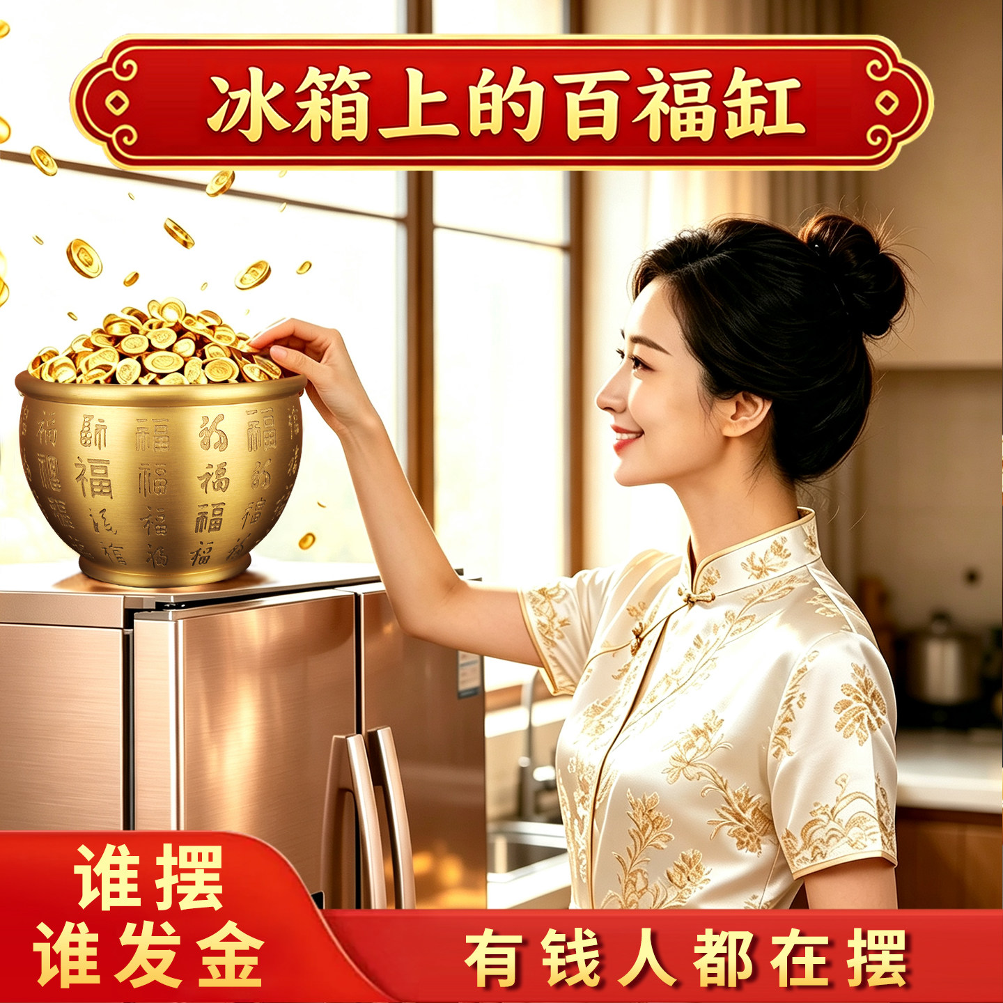 百福铜缸元宝聚宝盆摆件招财聚财纯黄铜米缸冰箱上八方来财存钱罐