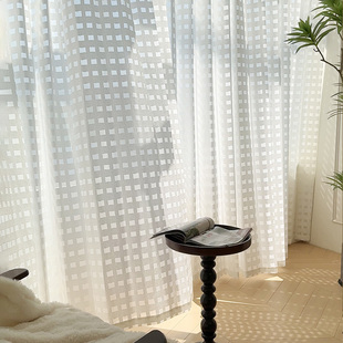 现代简约法式窗纱格子纹理定制卧室客厅窗帘纱帘不透人飘窗苏格纱