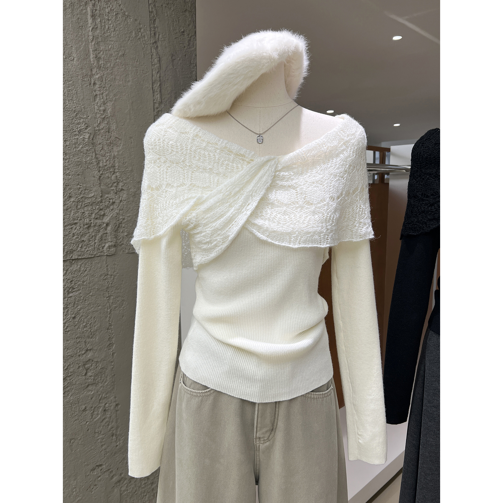 性感甜美披肩拼接针织小衫秋冬