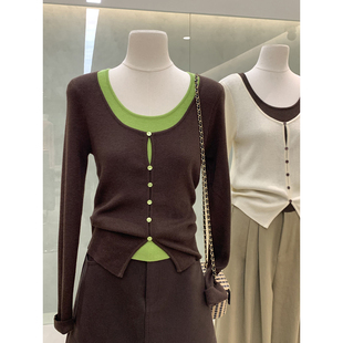 韩系欧尼温柔感假两件撞色针织衫修身显瘦女人衫独特漂亮早秋上衣