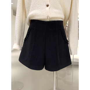 精致甜美花边口袋设计感高腰毛呢短裤秋冬新款显瘦显腿长A字靴裤