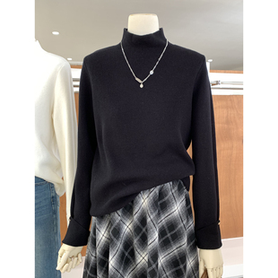暖暖一体绒简约风半高领针织衫新款袖口挽边设计加绒保暖打底上衣