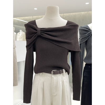 韩系甜美气质蝴蝶结露锁骨针织衫