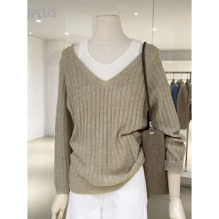 休闲显瘦女人衫 2026早春新品 针织衫 ins慵懒风假两件拼接撞色长袖