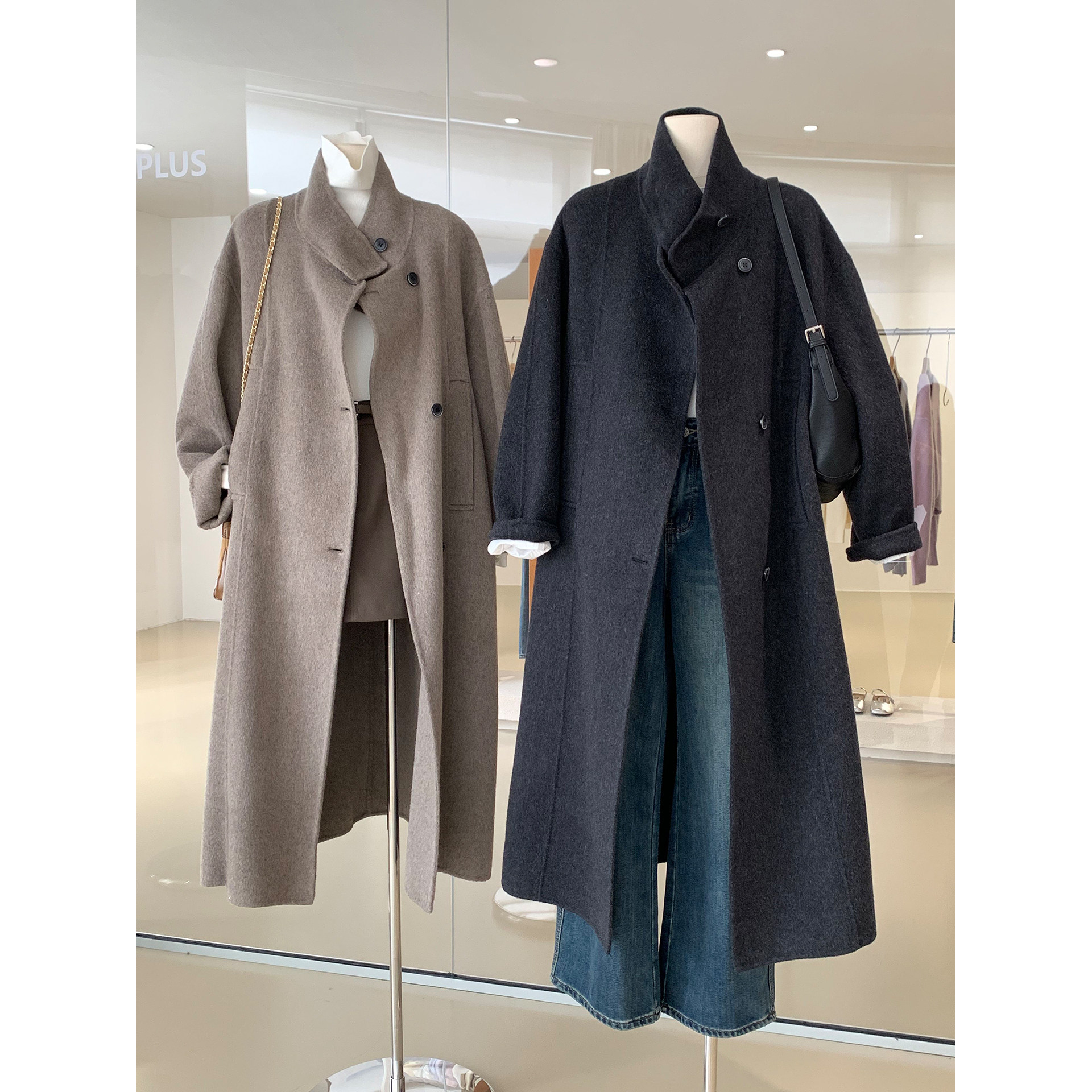 高智感立领羊毛大衣女秋冬韩系氛围感气质通勤长款呢子外套配腰带,女装/女士精品,毛呢外套,淘宝优惠券,粉丝福利购,淘宝优惠卷