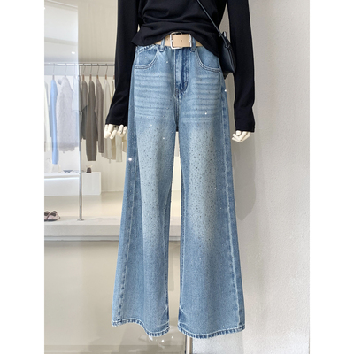 超好看满天星烫钻高腰阔腿牛仔裤