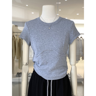 显瘦上衣 雪花螺纹棉修身 小蛮腰鱼骨边设计感圆领短袖 T恤2026新款