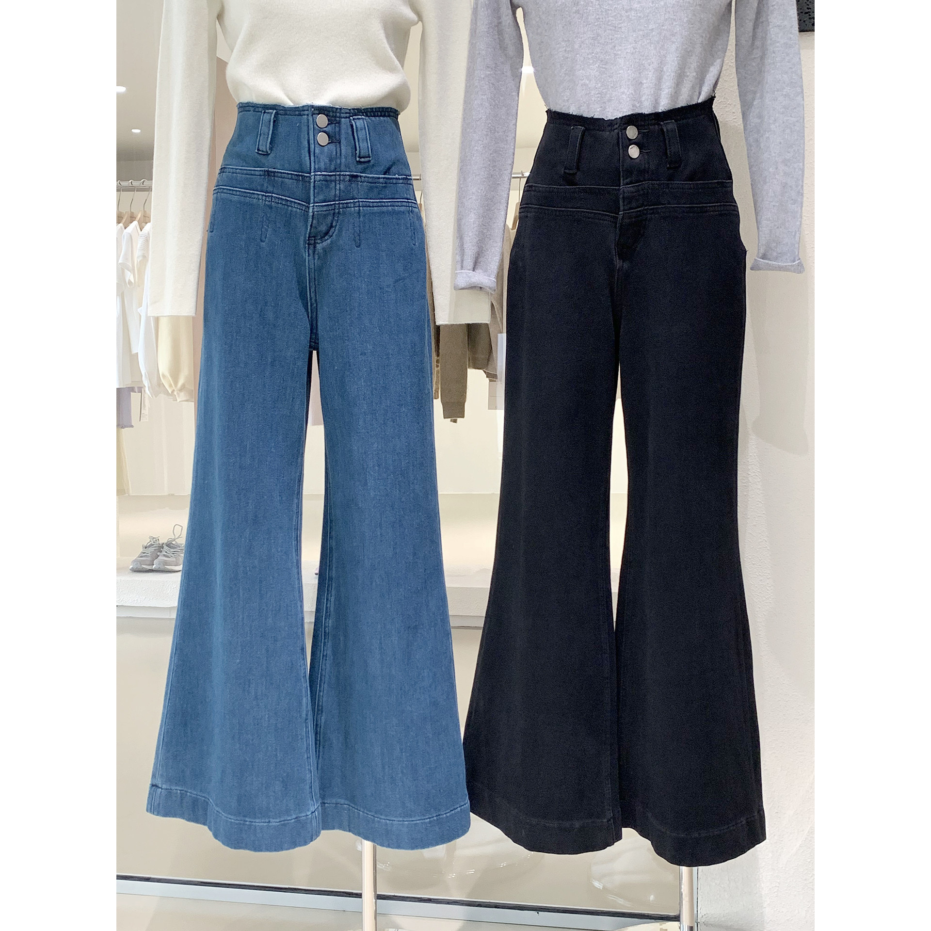 韩系双扣高腰修身喇叭裤毛边设计四面弹提臀拉长腿植绒保暖牛仔裤,女装/女士精品,牛仔裤,淘宝优惠券,粉丝福利购,淘宝优惠卷