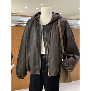 酷帅有型柔软蛋白皮加绒皮衣外套女秋冬防风保暖连帽假两件夹克衫