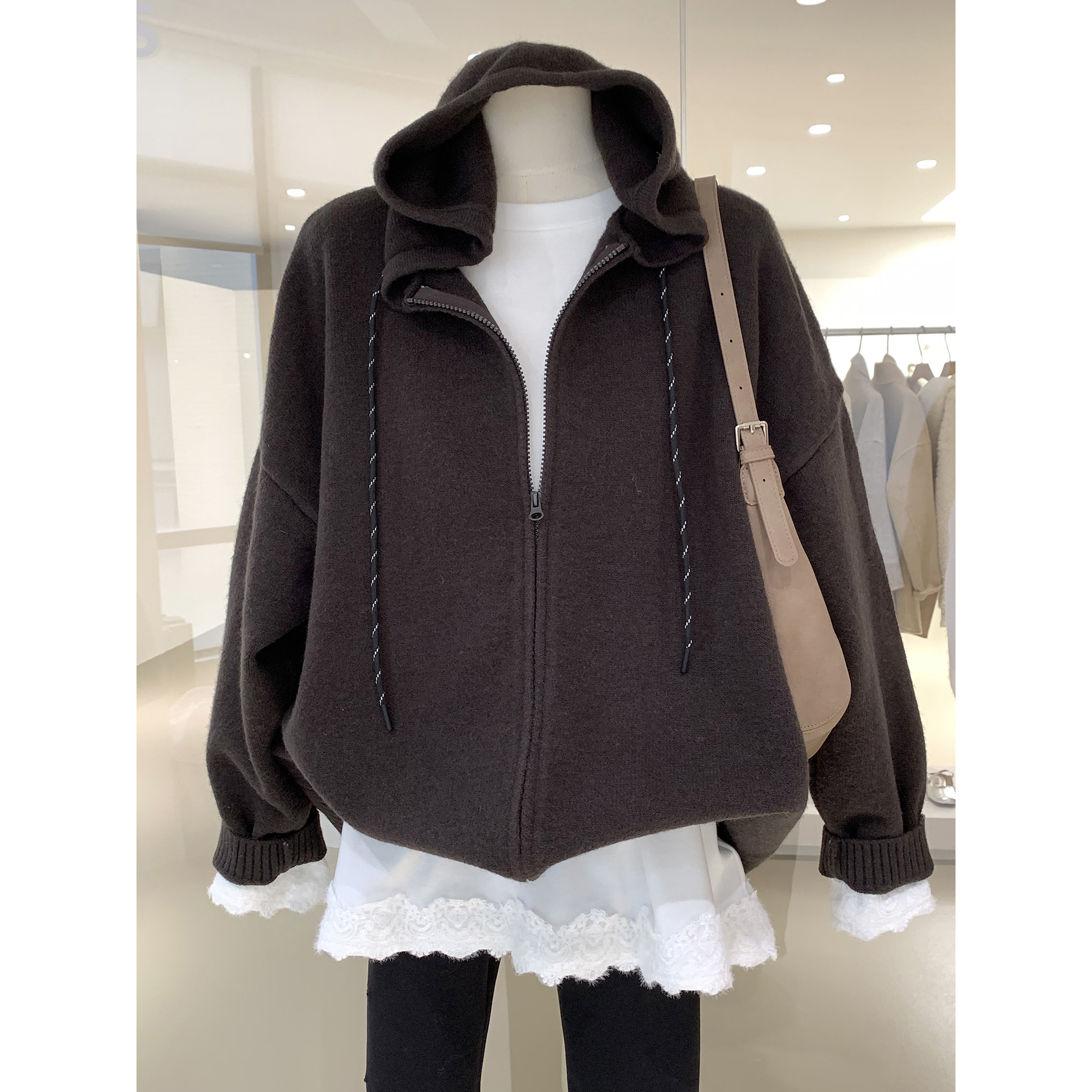 韩系慵懒休闲感双拉链连帽针织衫