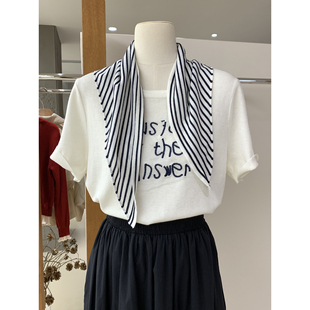 超韩系休闲文艺感字母绣花圆领针织短袖T恤+条纹小围巾两件套上衣