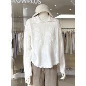 节日氛围感女人衫 知性温柔甜美钩花设计翻领全羊毛针织衫 上衣新款