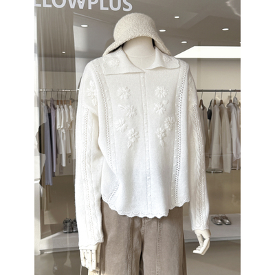 知性温柔甜美钩花设计翻领针织衫