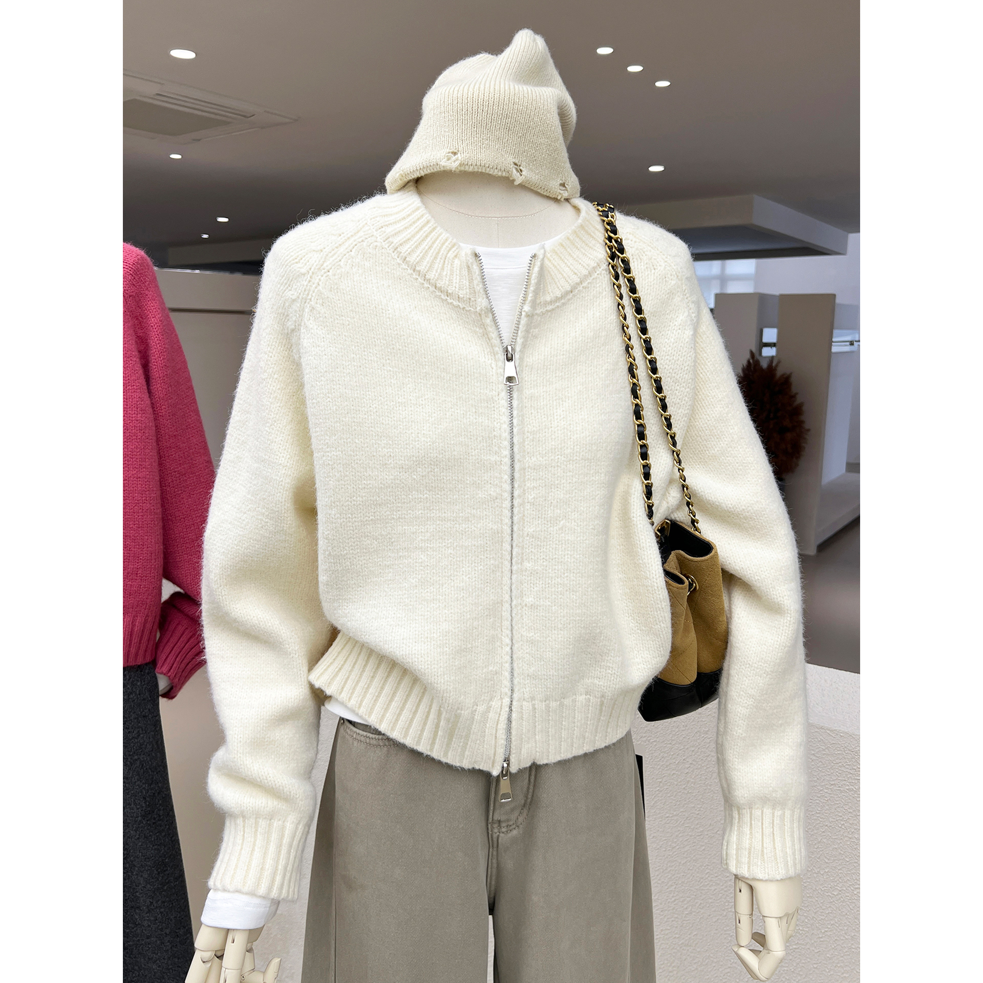 韩系休闲风双拉链纯色毛衣针织开