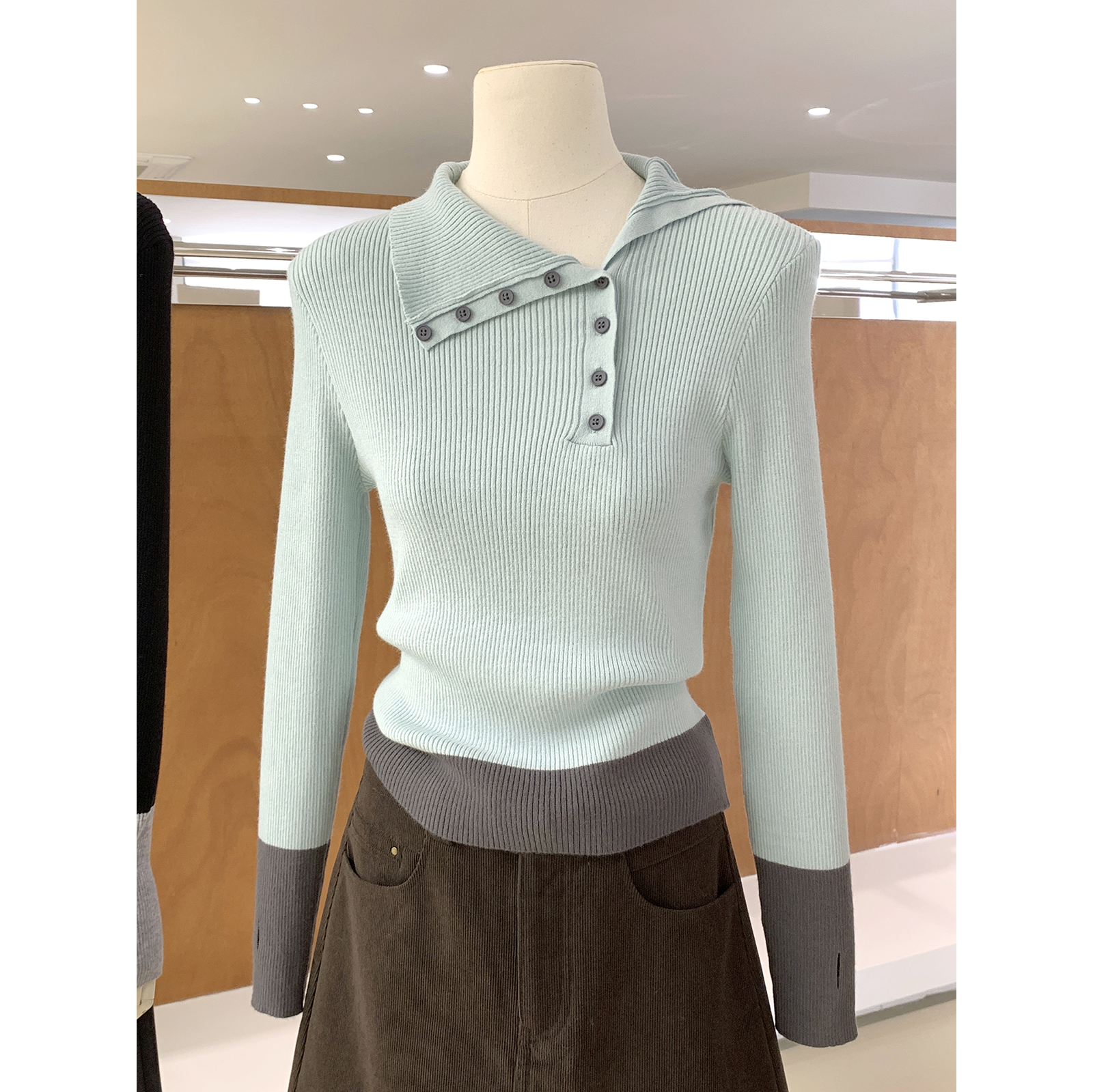 小众设计感撞色不规则翻领针织衫