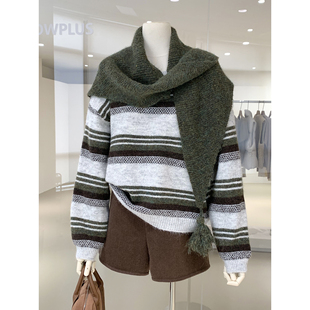 慵懒风墨绿条纹撞色毛衣针织衫+围巾小披肩两件套上衣秋冬穿搭女